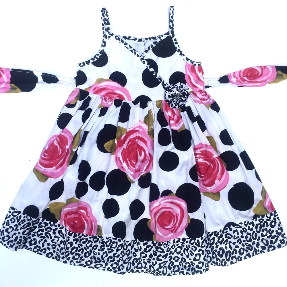 Marmellata Girls Party Dress Sz5 Black White Dot Pink Floral Animal Print